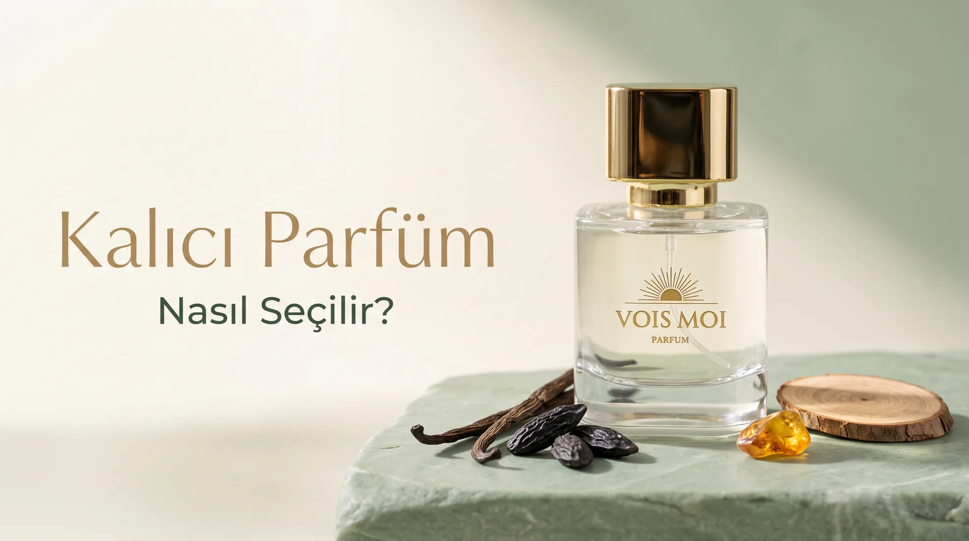 Vois Moi parfüm şişesi; vanilya çubuğu, tonka fasulyesi, amber ve sedir ağacı ile