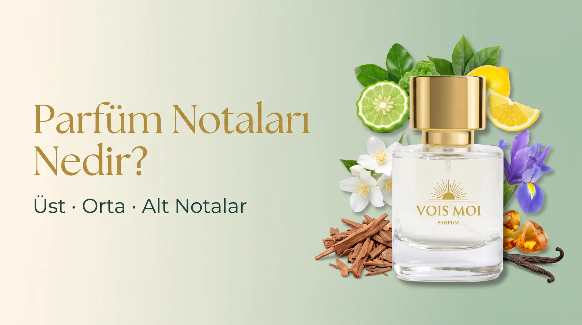 Vois Moi parfüm şişesi; bergamot ve limon, yasemin ve iris, sandal ağacı, amber ve vanilya ile