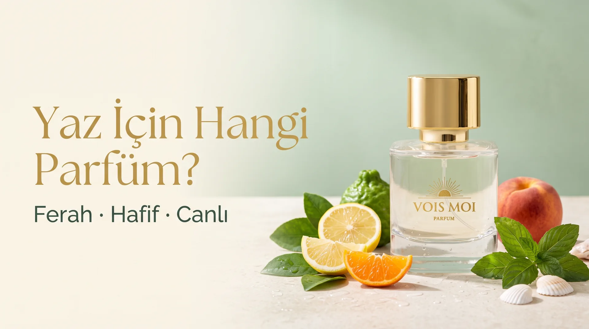Vois Moi parfüm şişesi; limon, mandalina, bergamot, nane, şeftali ve deniz kabukları ile