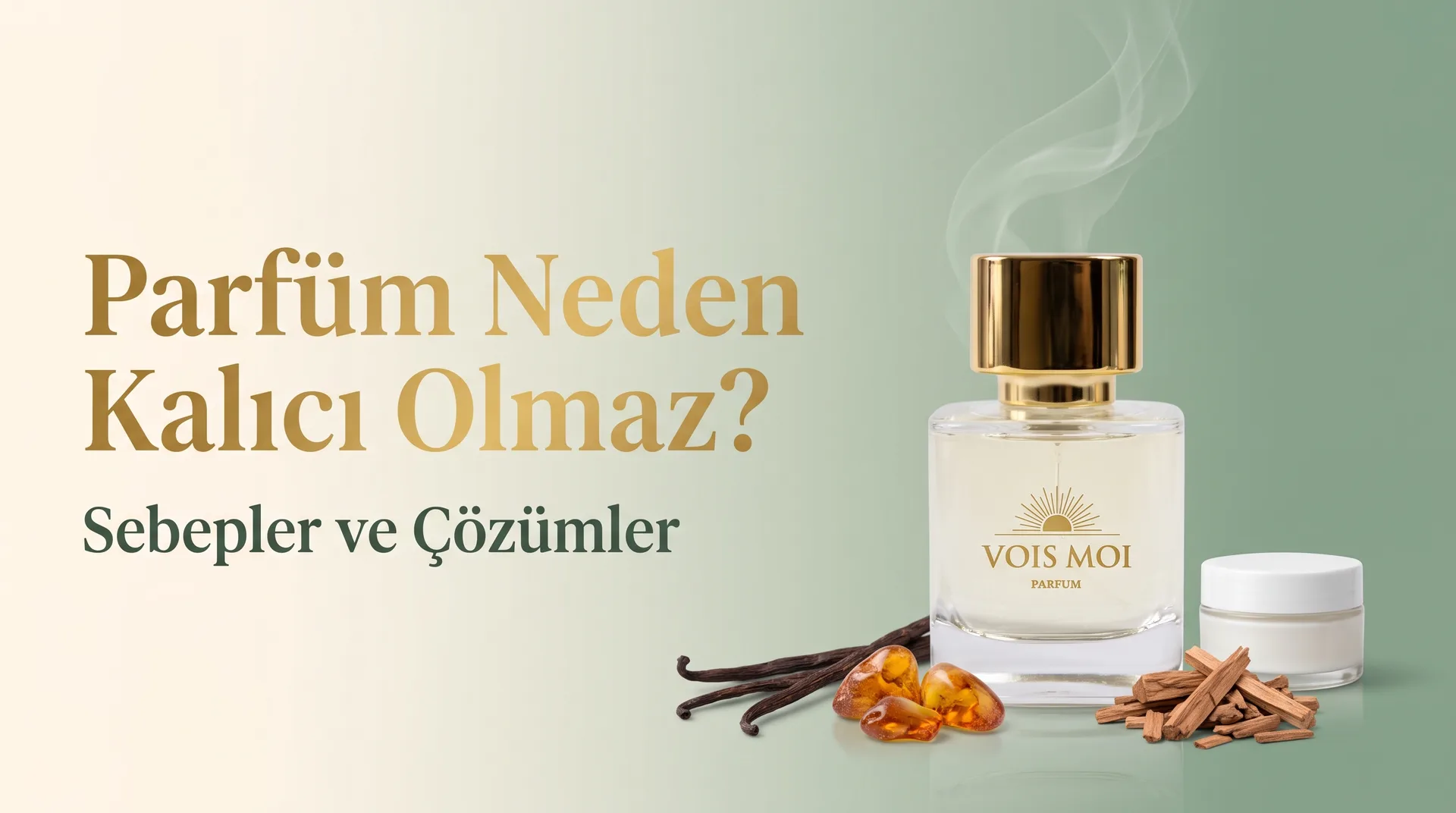 Vois Moi parfüm şişesi; yükselen koku dalgası, vanilya, amber, sandal ağacı ve nemlendirici kavanozu ile